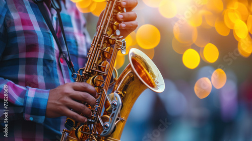 Close-up of hands on a saxophone with warm bokeh lights.