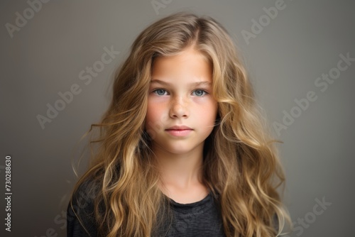 Portrait of a beautiful little girl with long blond hair. Studio shot.
