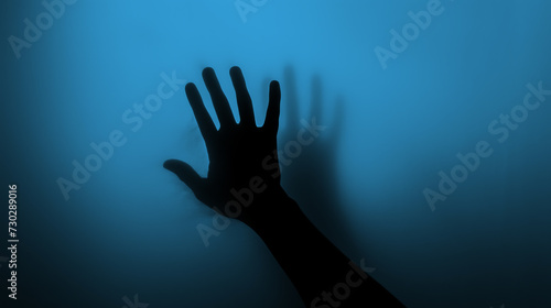 Hand silhouette on blue background. Blurred human hand shape out of focus