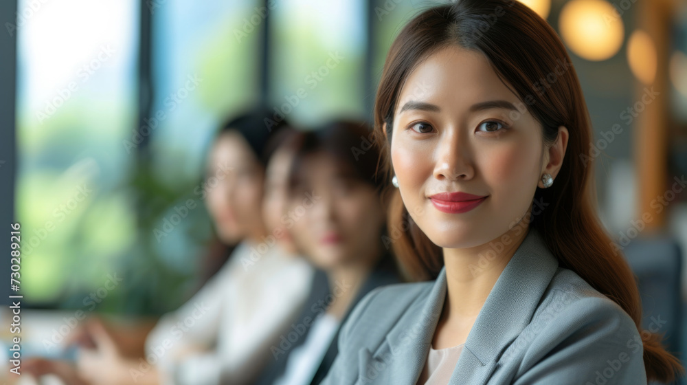 Portrait of a composed Japanese businesswoman with her team in the background Portrait of a composed Japanese businesswoman with her team in the background