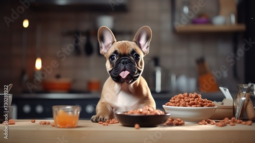 cute puppy French bulldog eating dry dog food from bowl on kitchen looking at camera with copy space