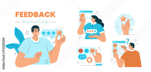 Feedback and review concept set. Collection of characters giving positive feedback and filling survey form. Rating scale and customer satisfaction. Vector illustration.