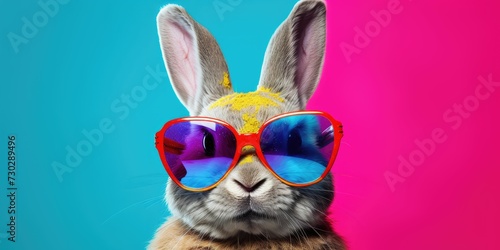A colorful background featuring a bunny with sunglasses giving a cool and trendy vibe