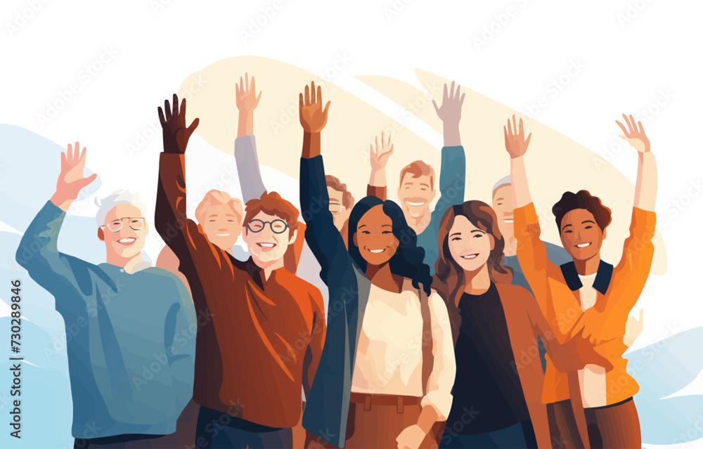 Diverse multicultural group of people waving and smiling, vector illustration Diverse multicultural group of people waving and smiling, vector illustration
