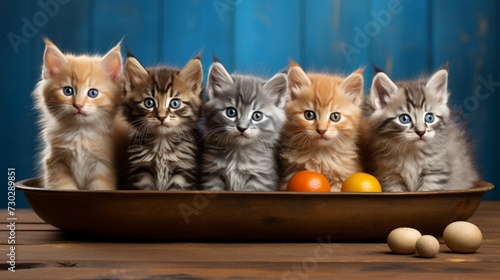 Adorable Kittens with Mesmerizing Blue Eyes Gathered Around a Food Bowl. A group of charming cats attentively focuses on camera 