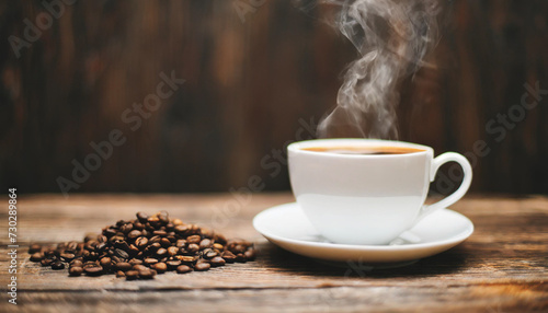 Steaming cup of coffee on rustic background, representing caffeine energy and warmth
