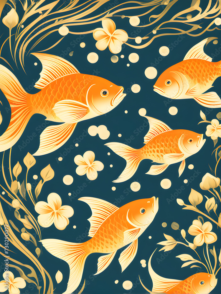 Fototapeta premium Seamless pattern with gold fishes on blue background. 