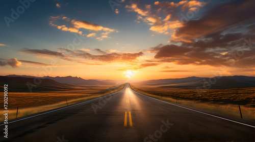 driving on the highway at sunset,, Infinite Horizons Sunset Road tretching Beyond