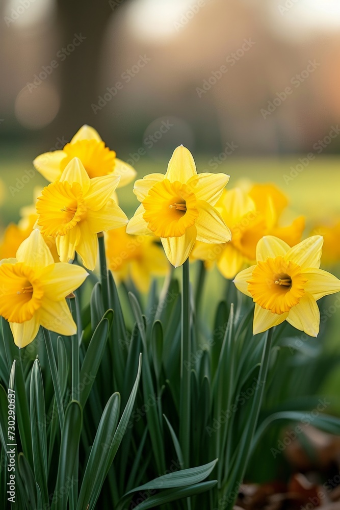 A cluster of daffodils, their golden trumpets heralding the arrival of spring A cluster of daffodils, their golden trumpets heralding the arrival of spring
