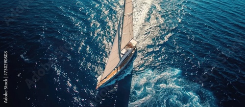 Video of yacht sailing on an open sea from above on a windy day. photo