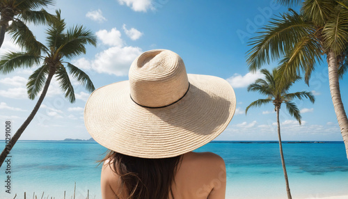 Illustration vacation, beach, palm trees, sea, woman with hat © Random_Mentalist