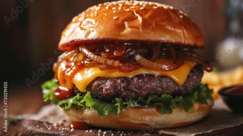 A close-up of a classic cheeseburger, showcasing melted cheddar cheese and caramelized onions