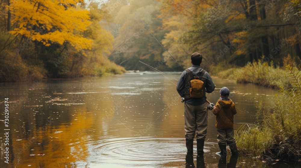 A father and son casting their fishing lines into a peaceful river, surrounded by nature's beauty