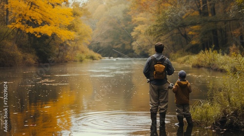 A father and son casting their fishing lines into a peaceful river, surrounded by nature's beauty