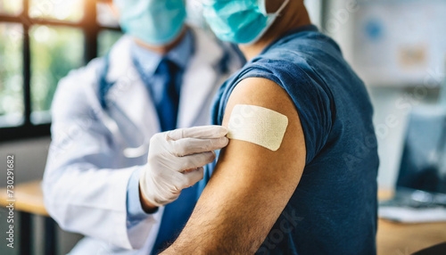 shoulder with bandaid after COVID vaccine, symbolizing vaccination and healthcare photo