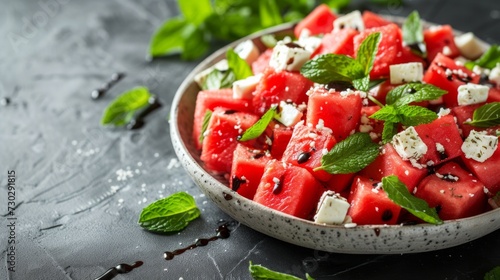 A creative watermelon and feta salad with mint leaves and a balsamic reduction photo