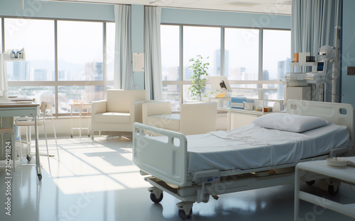 Hospital room with beds and comfortable medical equipped, white ward interior with modern bed hospital in the style of the future