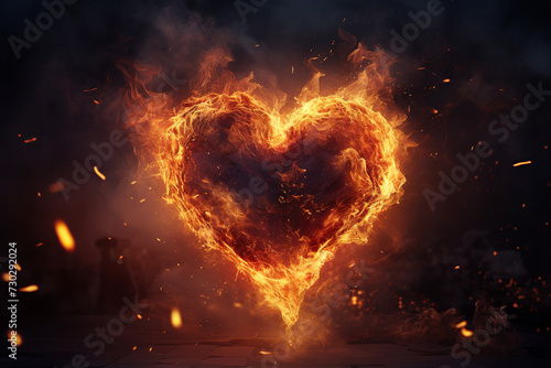 Fire heart symbol. Heart in fire on dark background. Love concept