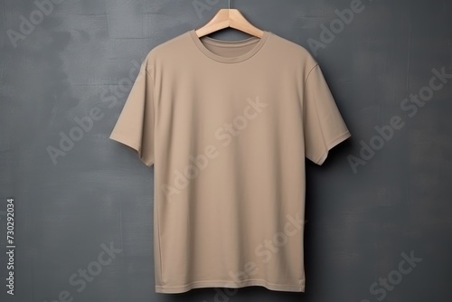 Beige t shirt is seen against a gray wall