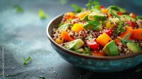 A colorful quinoa salad filled with roasted vegetables, avocado, and a zesty lemon dressing photo