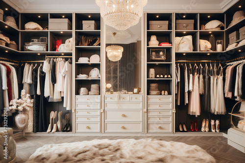 interior of a luxury female wardrobe full of expensive dresses, shoes and other clothes. Luxury walk in closet, dressing room with lighting and jewel display.