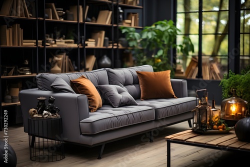 modern living room with luxury sofa and bookshelf generative ai