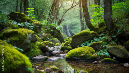 Enchanting forest scene with lush green moss covering rough stones  creating a serene atmosphere amidst nature s embrace