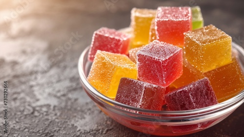 A colorful bowl of cubed jelly cubes, each bursting with fruity flavors and shimmering in the light