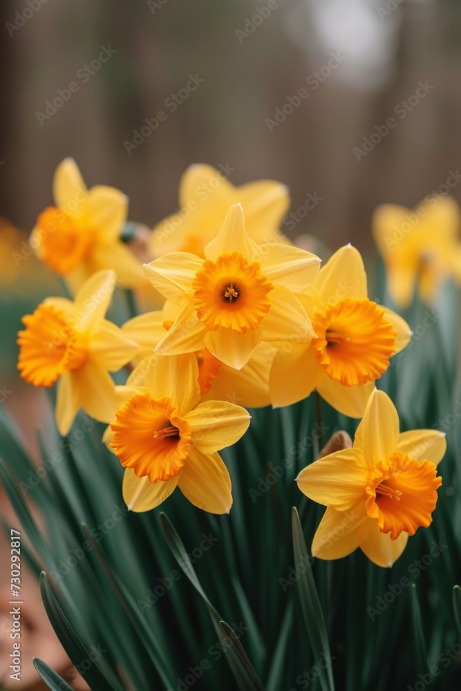 A cluster of daffodils, their golden trumpets heralding the arrival of spring A cluster of daffodils, their golden trumpets heralding the arrival of spring