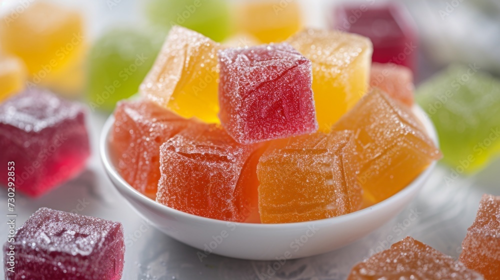 A colorful bowl of cubed jelly cubes A colorful bowl of cubed jelly cubes