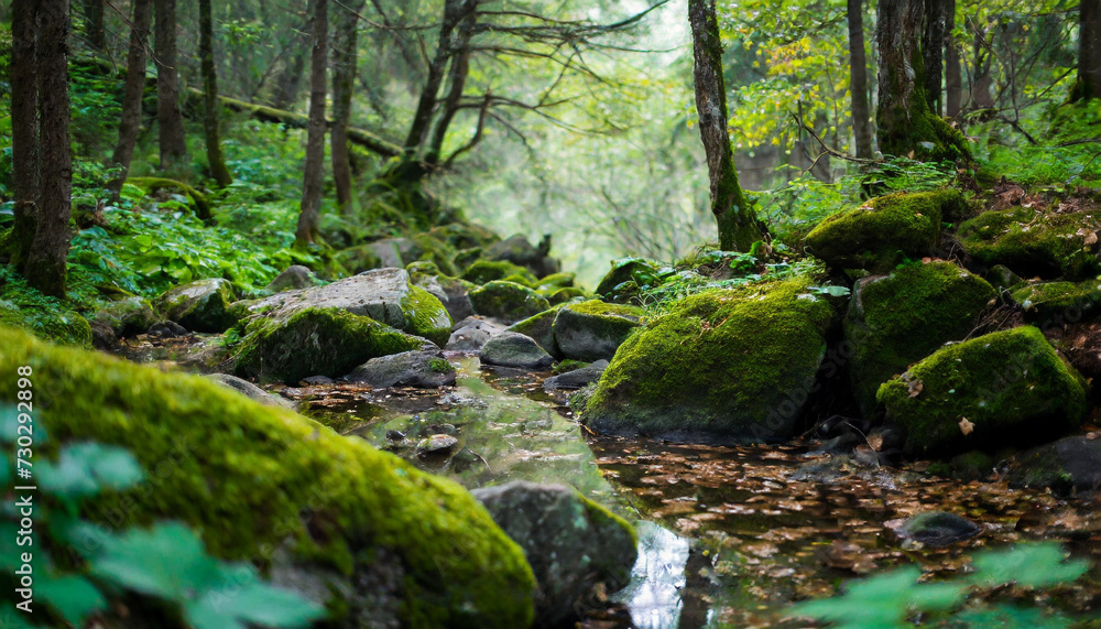 Enchanting forest scene with lush green moss covering rough stones, creating a serene atmosphere amidst nature's embrace Enchanting forest scene with lush green moss covering rough stones, creating a serene atmosphere amidst nature's embrace