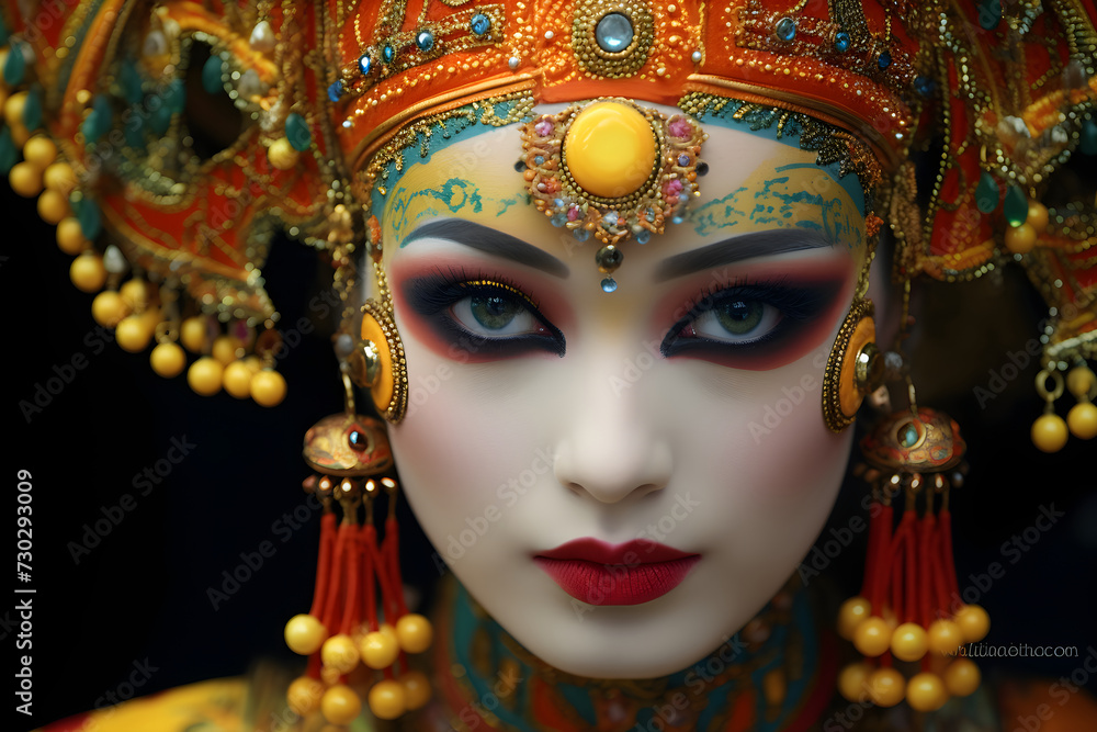 Young beautiful asian brunette woman with creative art makeup wearing traditional dress. Closeup portrait. Fashion concept. Culture, tradition and ethnic. Chinese festival