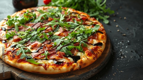 A gourmet pizza topped with arugula, prosciutto, and shaved Parmesan