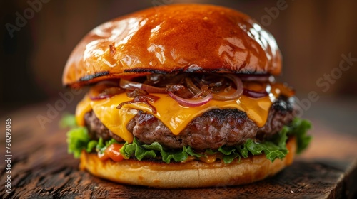 A close-up of a classic cheeseburger, showcasing melted cheddar cheese and caramelized onions