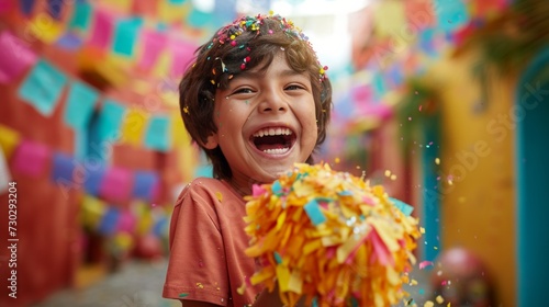 A birthday boy gleefully smashing