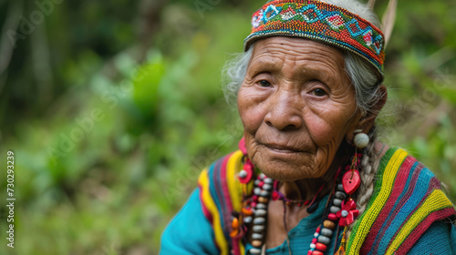 An elderly indigenous woman wearing traditional tribal clothing.