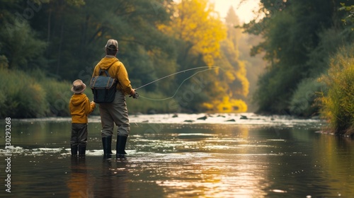 A father and son casting their fishing lines into a peaceful river, surrounded by nature's beauty © olegganko