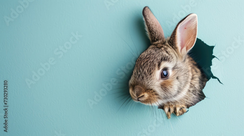 A gray Easter bunny looks out of a hole on a blue background. Abstract concept. Square with copy space.