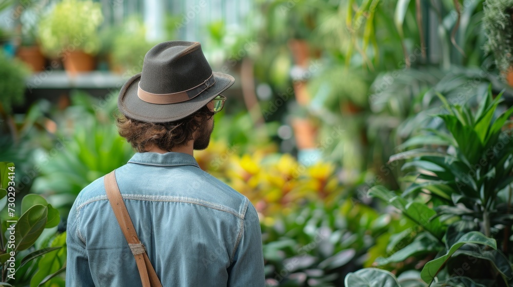 A diligent botanist examining a variety of exotic plants in a beautifully landscaped greenhouse