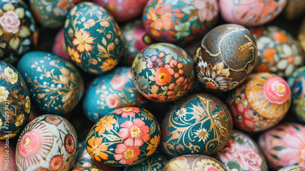 Easter eggs are painted with bright patterns in the form of flowers. Easter eggs are painted with bright patterns in the form of flowers.