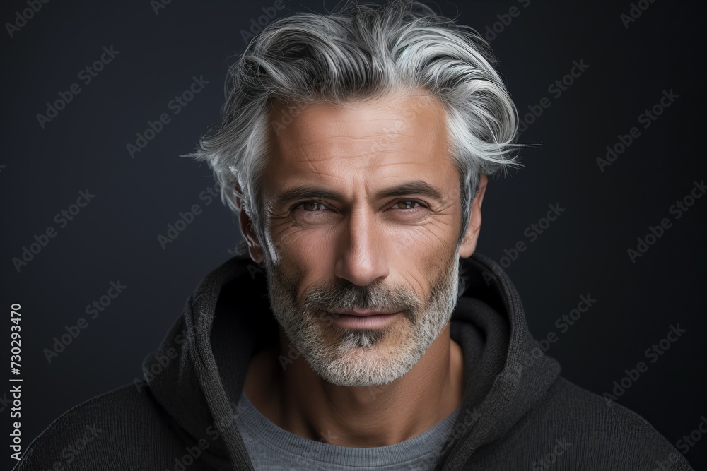 Wise Mature man gray hair. Happy smile. Generate Ai