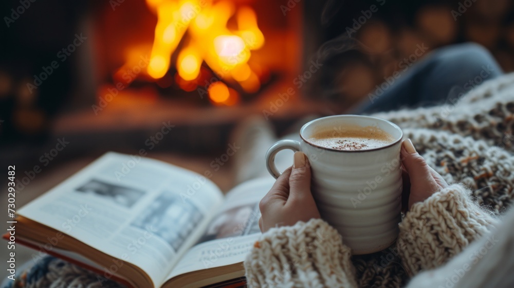 A cozy scene of a person holding a warm cup of tea by a fireplace, with a book nearby A cozy scene of a person holding a warm cup of tea by a fireplace, with a book nearby