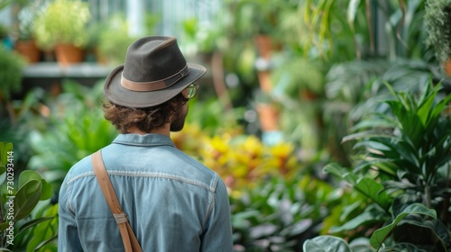 A diligent botanist examining a variety of exotic plants in a beautifully lan...