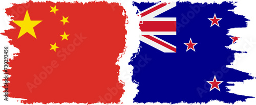 New Zealand and China grunge flags connection vector
