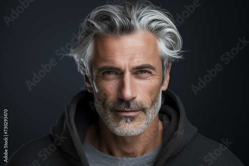 Wise Mature man gray hair. Happy smile. Generate Ai