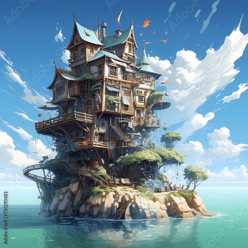 Howl's Moving Castle on an island in the sea