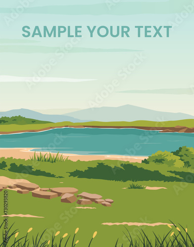 landscape background with hill and river view suitable for posters, backdrops, travel posters, cards, postcards, templates, prints. vector colored and flat style.