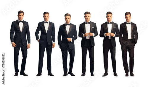 Set of elegant businessmen wearing formal tuxedo and bow tie for evening celebration, event, Christmas, New Year, wedding, anniversary. Different male characters isolated on transparent background