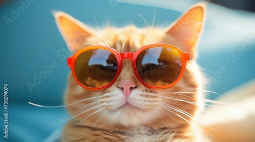 closeup portrait on funny ginger cat wearing sunglasses 