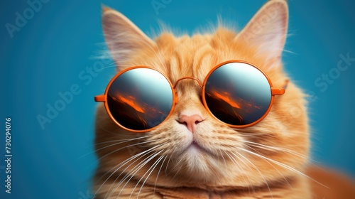 closeup portrait on funny ginger cat wearing sunglasses 